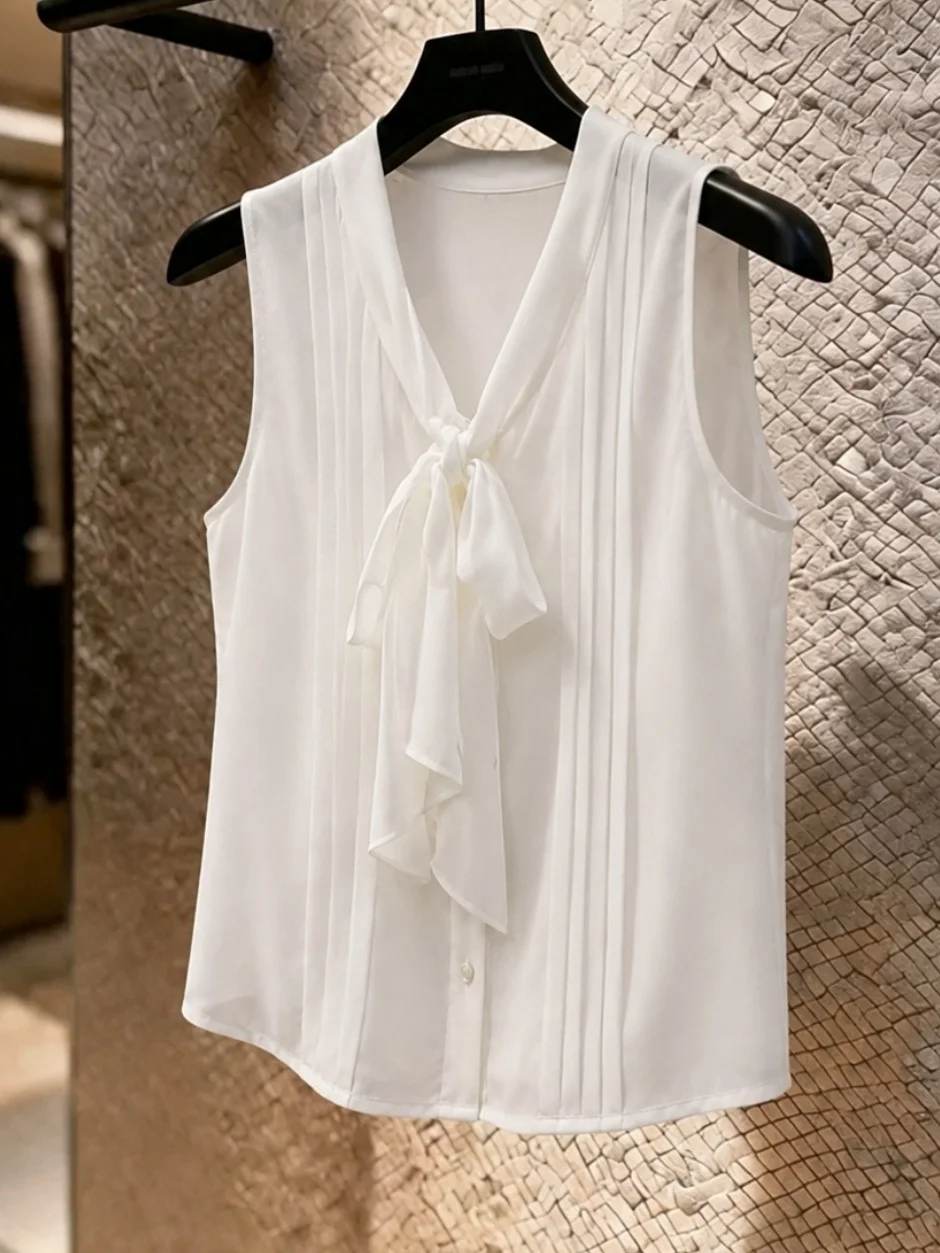 

Trendy Knot V-Neck Vest Sleeveless Simple Versatile Summer Casual Silk Top Korean Style Straight Cut Commute Wear