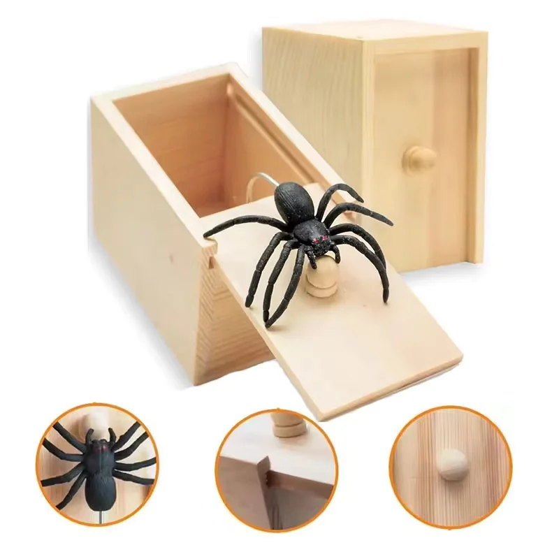 Wooden Spider Scare Box Prank Trick Toy with Realistic Rubber Spider Funny Prank Gift for Office Friends April Fools