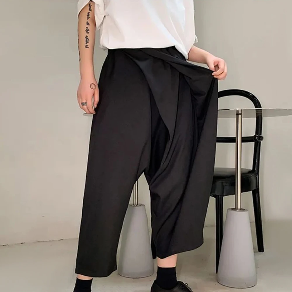 Men Double-Layer Irregular Pleated Wide-Leg Pants 2024 New Genderless Dark Style Retro Loose Solid Color Nine-Point Pants Unisex