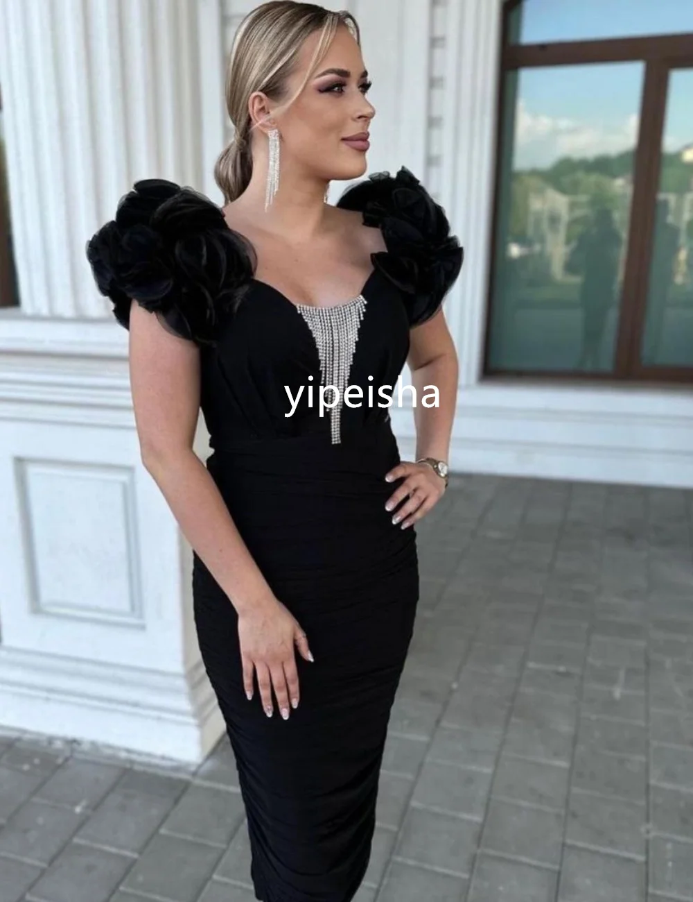 Classic Jersey Pleat Sheath V-neck Midi Dresses Prom Dresses Exquisite Modern Style Pastrol Unisex Chinese Style Formal