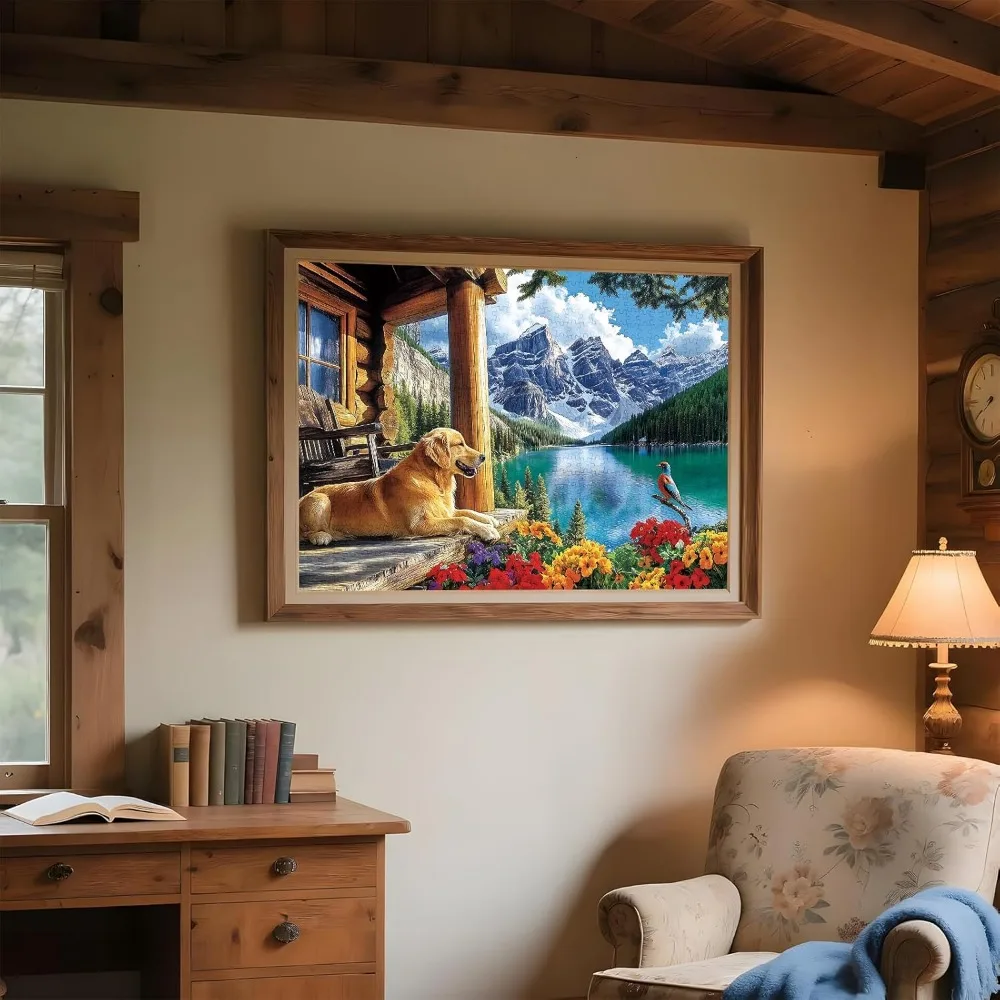 Adult Jigsaw Puzzle Mountain Cabin Golden Retriever 1000/500/300/120 Pieces Lakeside Landscape Puzzle Gift Entertainment Toy
