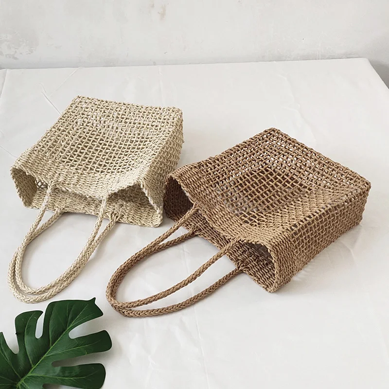 Fashion Rectangular Woven Handbag Mobile Phone Bag Women Straw Woven Bag Holiday Lady Hollow Out Shoulder Bag Beach Bag