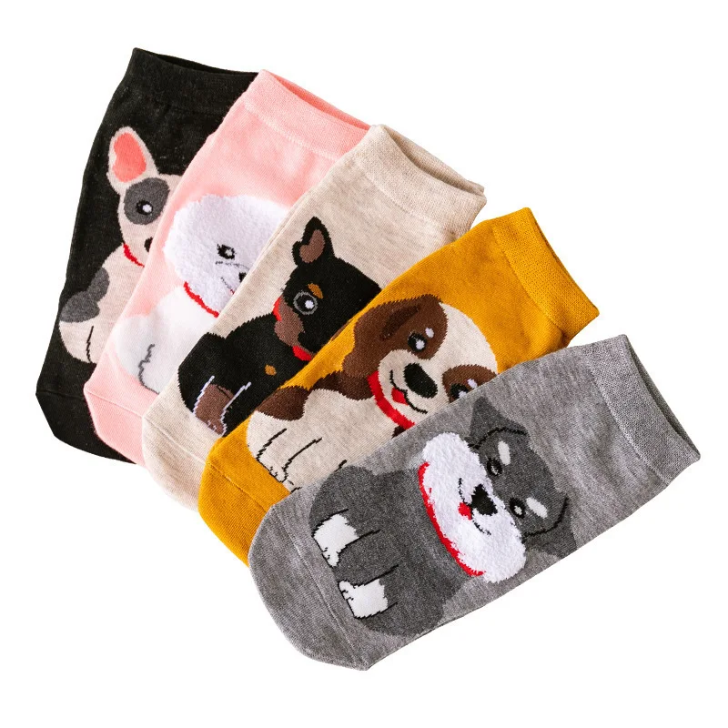 5 Pairs Women Cartoon Cotton Short Cat Dog Socks Lady Girls Spring Summer Breathable Japanese Students Sock Set For Women