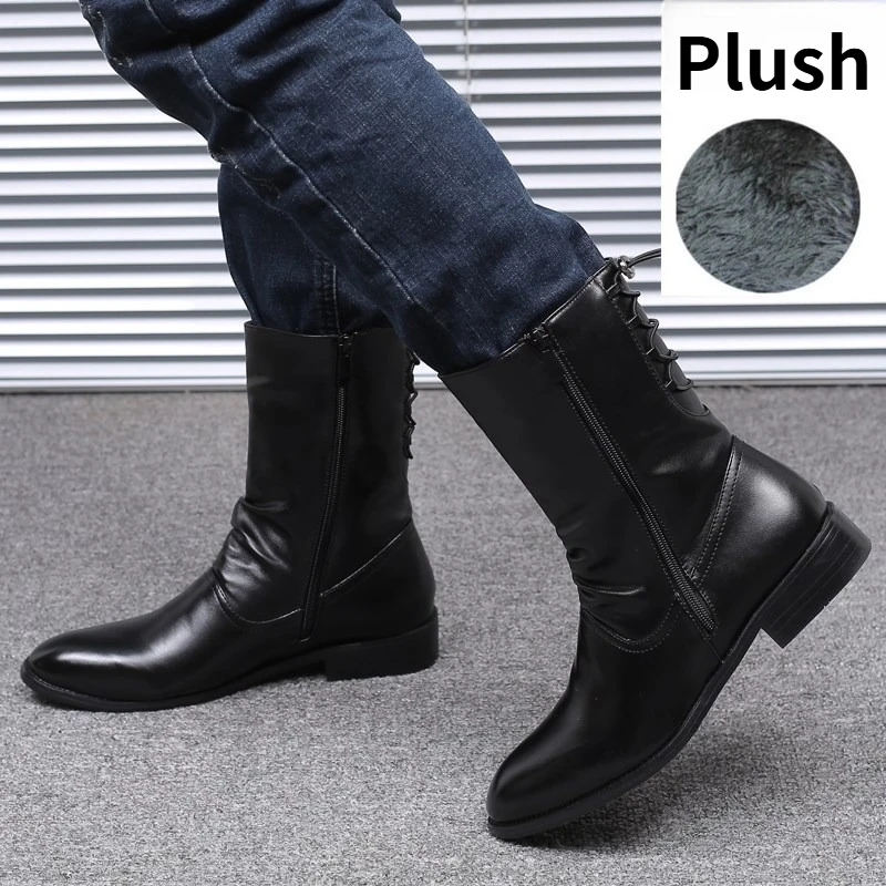 Men's Leather Boots High Quality Black Motorcycle Boots Designer Punk Rock Mid-calf Boots Fashion High Top Shoes Botas Masculino