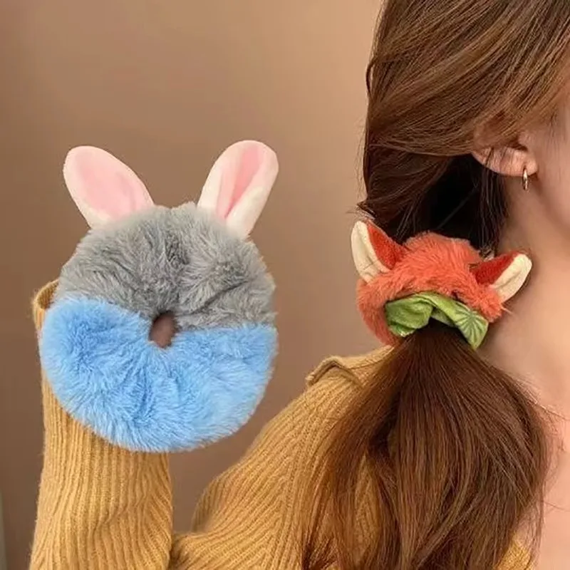 Linda banda elástica para el cabello de felpa con orejas de zorro de goma para mujeres y niñas, soporte para cola de caballo, accesorios para lazos para el cabello para otoño e invierno