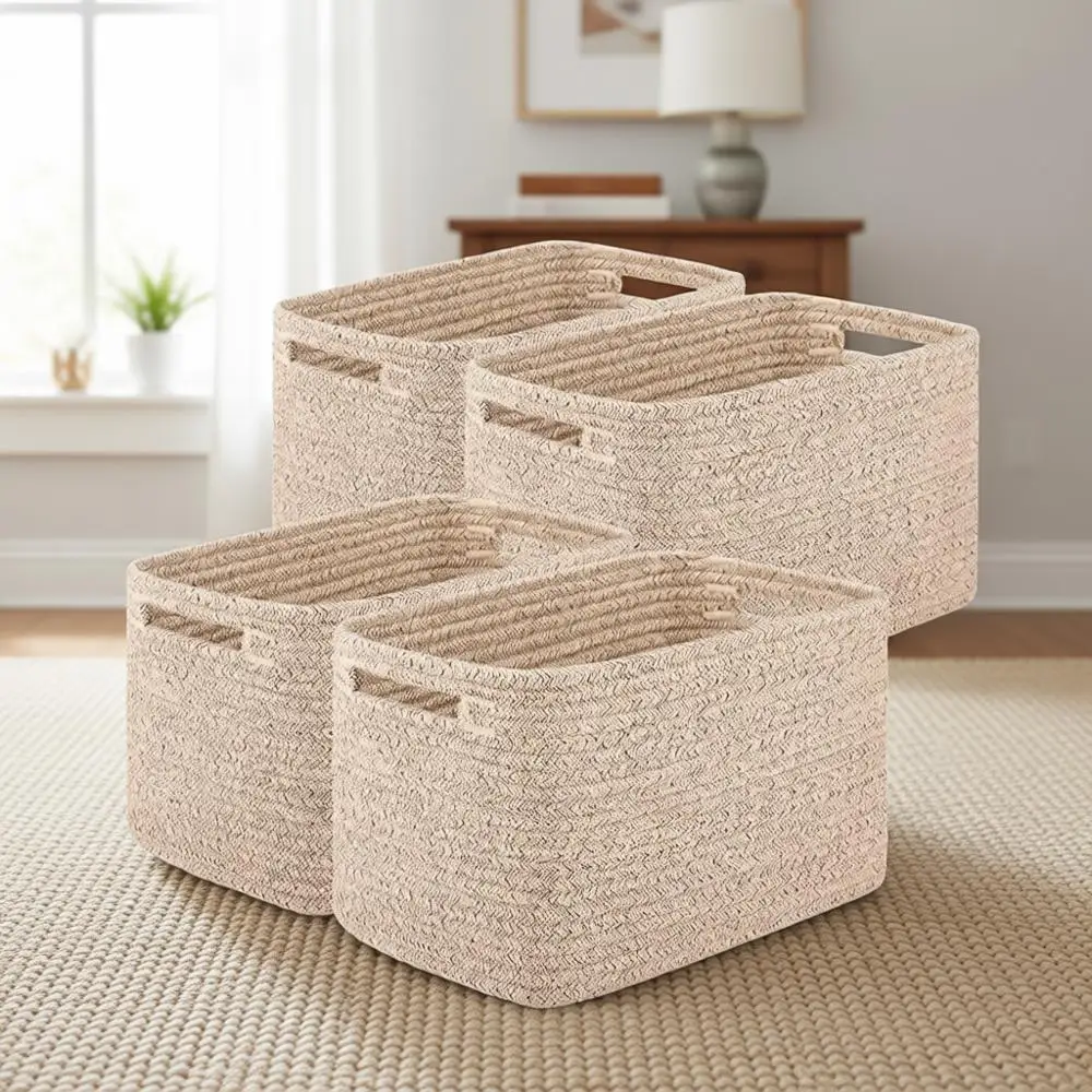 

Set of 4 Brown Cotton Rope Storage Baskets for Books, Towels, and Clothing, 12.7Lx9Wx7.8H