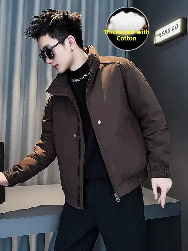 Men's Winter Thickened Warm Cotton Jacket Stand Collar Casual Workwear Fleece Lined Standard Fit Fashion Urban Style Zipper C...