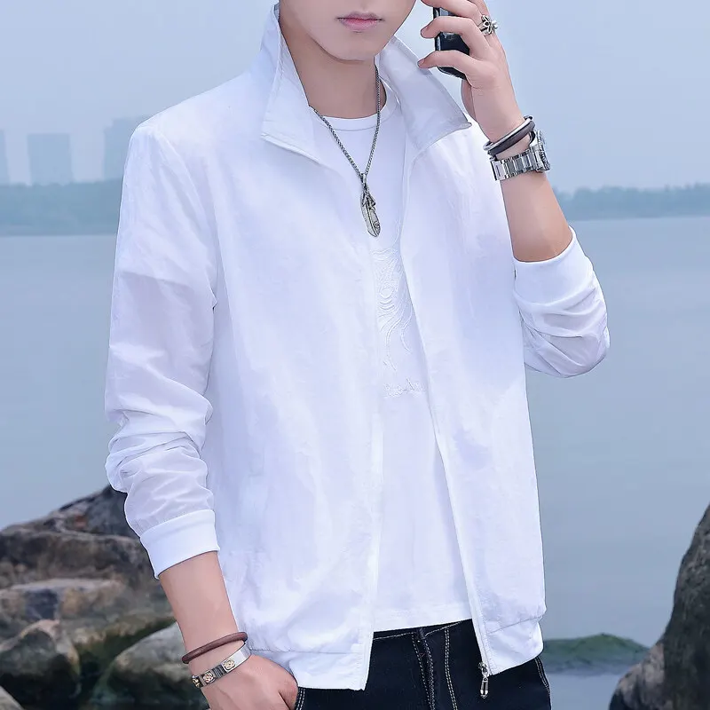 

Simplicity Trend Summer Men's Solid Stand Collar Zipper Thin Style Young Style Casual Loose Long Sleeve Sunscreen Clothing Coats