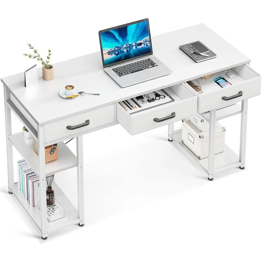 Office Small Computer Desk: Home Table with Fabric Drawers & Storage Shelves, Modern Writing Desk, White, 48