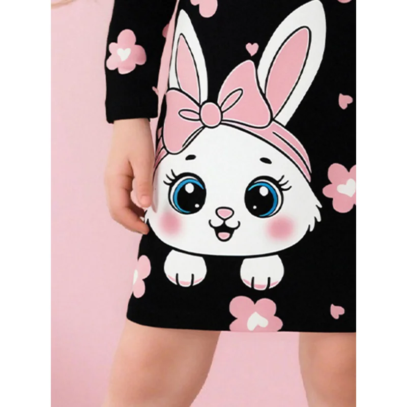 Vêtements pour enfants à la mode, best-seller, robe décontractée à manches longues, lapin de dessin animé mignon et imprimé Floral, nouvelle robe pour filles, 2025
