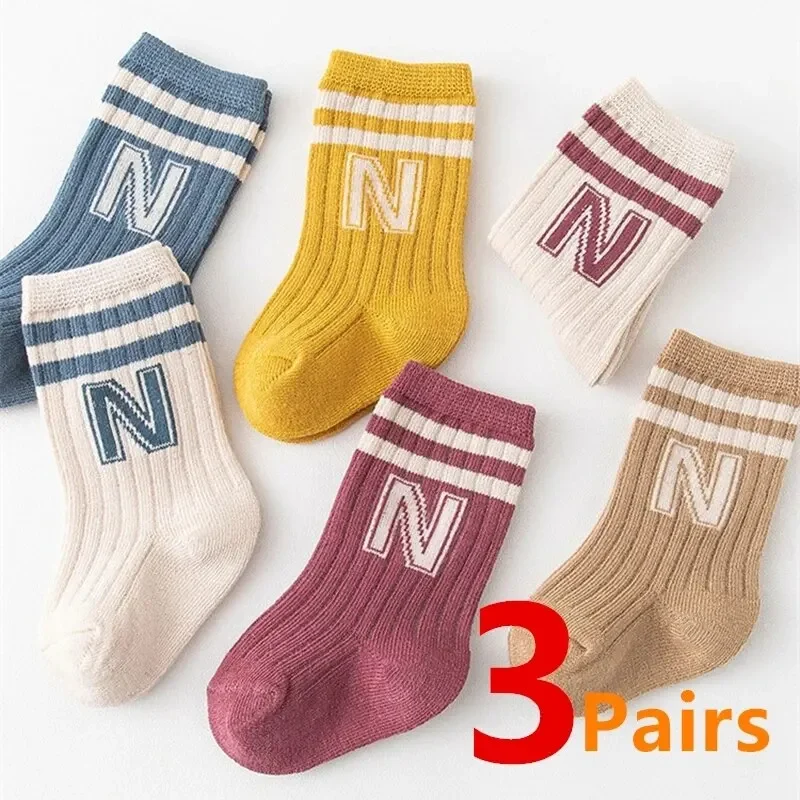 3Pairs/Lot Baby Letter Socks Knit Soft Cotton Sock Kids Long Knee High Socks Infant Toddler Baby Boys Girls Cute Stripe Socks