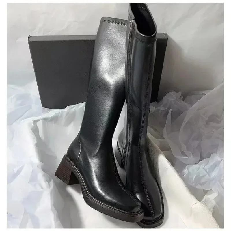 

Women's Knee-high Boots High Quality Soft Leather Boots Temperament Slim Long Booties Side Zipper Women's High Boots Botas Mujer