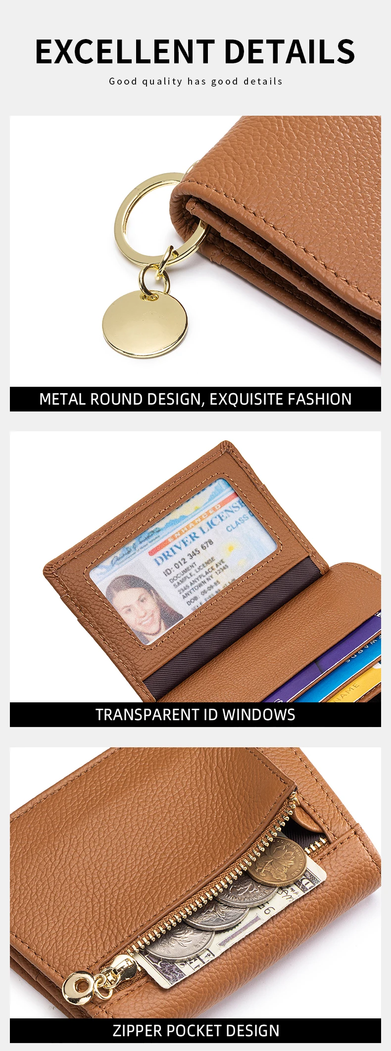 Slim Wallet for Women RFID Blocking Genuine Leather Ladies Keychain Wallet with Zipper Coin Pocket ID Window