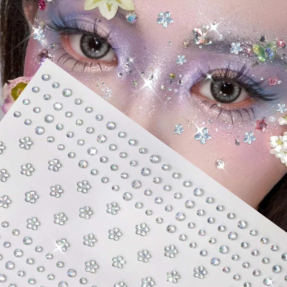 

1 лист 3D-наклеек для лица с переливающимися цветами и стразами, круглые, для вечеринок, самоклеящиеся, для поделок, декора чехлов для телефонов и подарков*