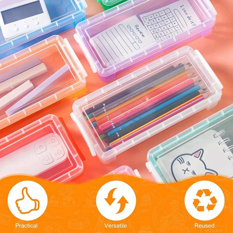 10Pcs Large Capacity Plastic Pencil Box Clear Plastic Pencil Case Crayon Box With Snap Tight Lid Watercolor Pen Storage