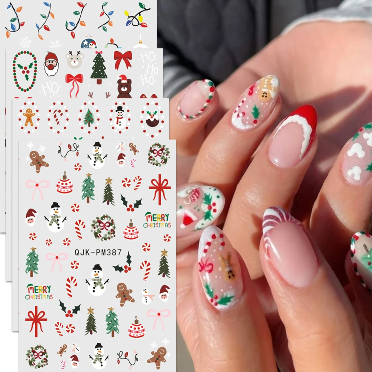 4 Stück Weihnachts-Nagelkunst-Aufkleber, niedliches Cartoon-Thema, einfach aufzutragende Nageldekoration, DIY, Geschenk, Party-Make-up-Styling, Y2K