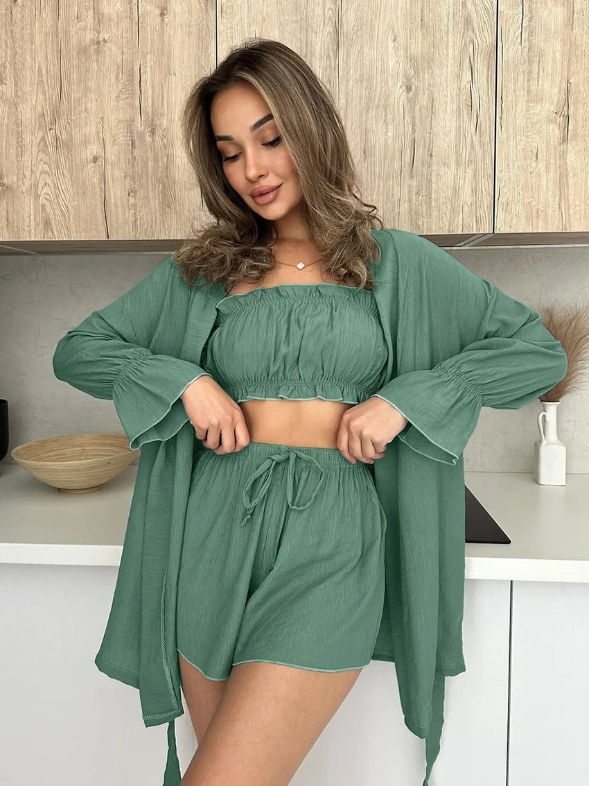 

Marthaqiqi Casual Women Sleepwear Set Long Sleeve Robe V-Neck Pajama Tank Top Nightie Shorts Loose Ladies Nightgown 3 Piece Suit