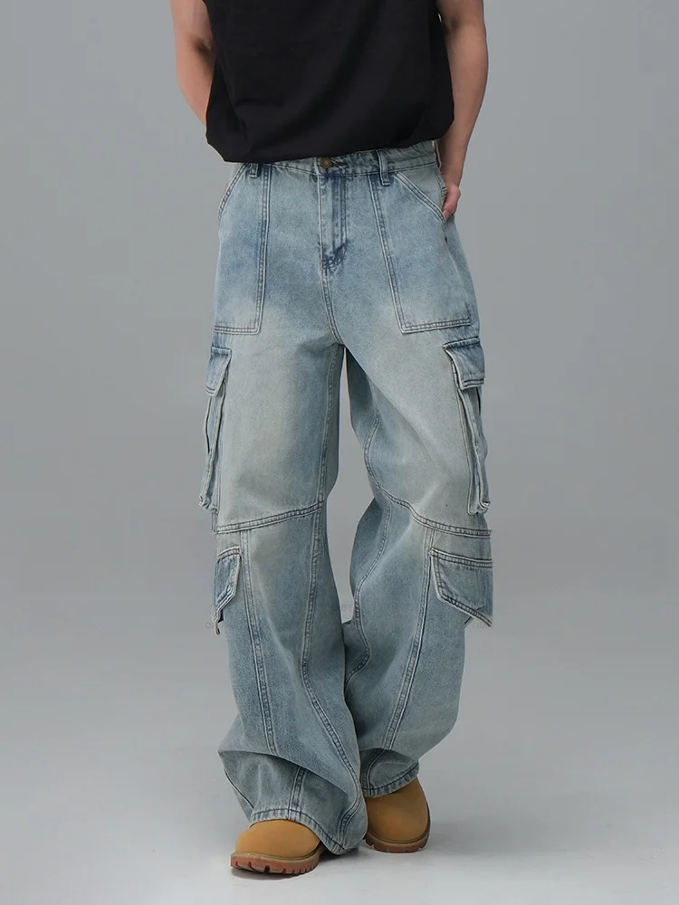 American Retro Washed Multi-Pocket Work Pants Men's Loose Straight Leg Wide Leg Jeans Casual Comfortable Cotton Polyester Blend