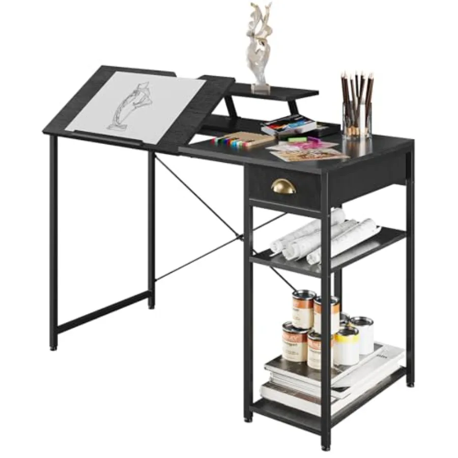 

Drafting Table with Storage Shelves and Drawer 43" Adjustable Art Desk with Monitor Stand for Home Office Computer Tiltable Dra