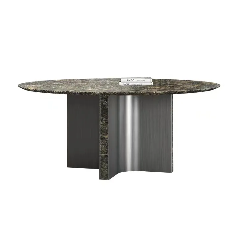 

Natural supercrystalline stone dining table with turntable light luxury modern high-end rock slab rotatable household simple
