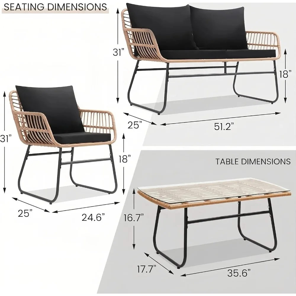 4-Piece Outdoor Patio Furniture Set, Natural/Black, Wicker Rattan