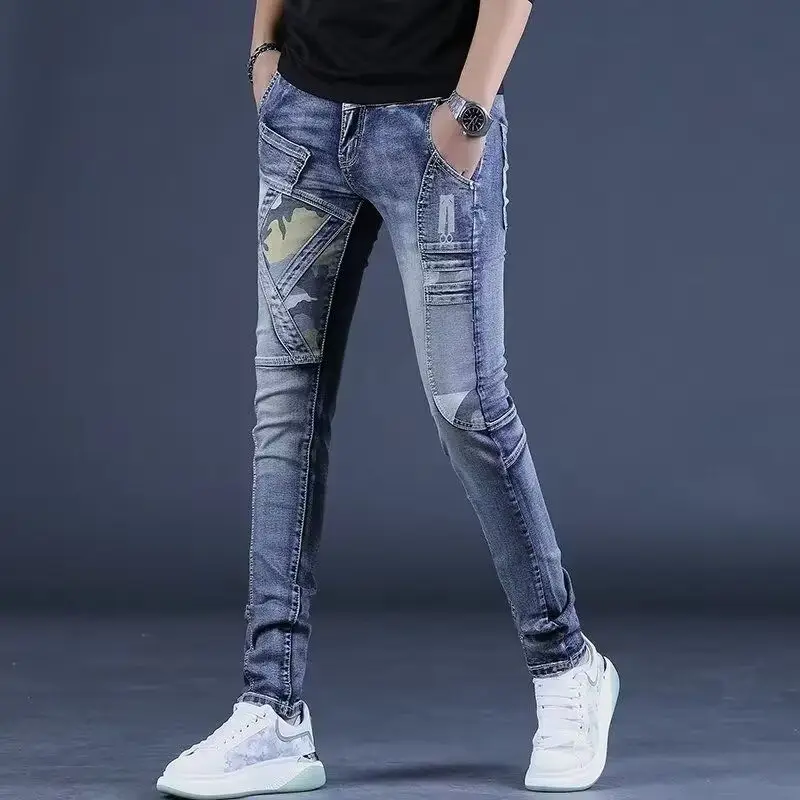 Slim Casual Jeans Men Stylish Motorcycle Pencil Pants Patchwork Printed Spring Autumn Luxury Clothing Designer Clothes Trousers