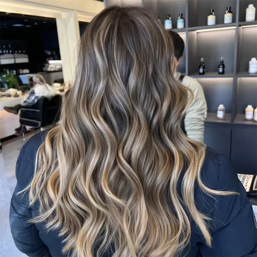 Brown Mixed Blonde Wig Highlights Long Wavy Brunette Lace Front Wig Free Part Synthetic Heat Resistant Wig for Daily Party Use