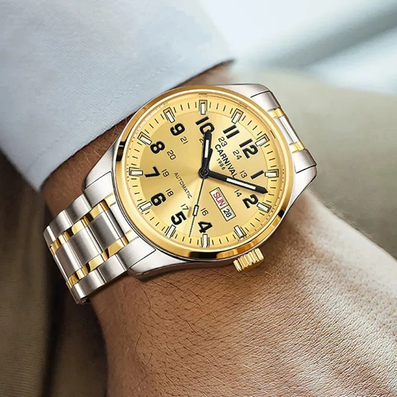 Carnival Brand Luxury Business Man Watch Fashion Waterproof Gold Silver Calendar Automatic Mechanical Wristwatches for Men Reloj