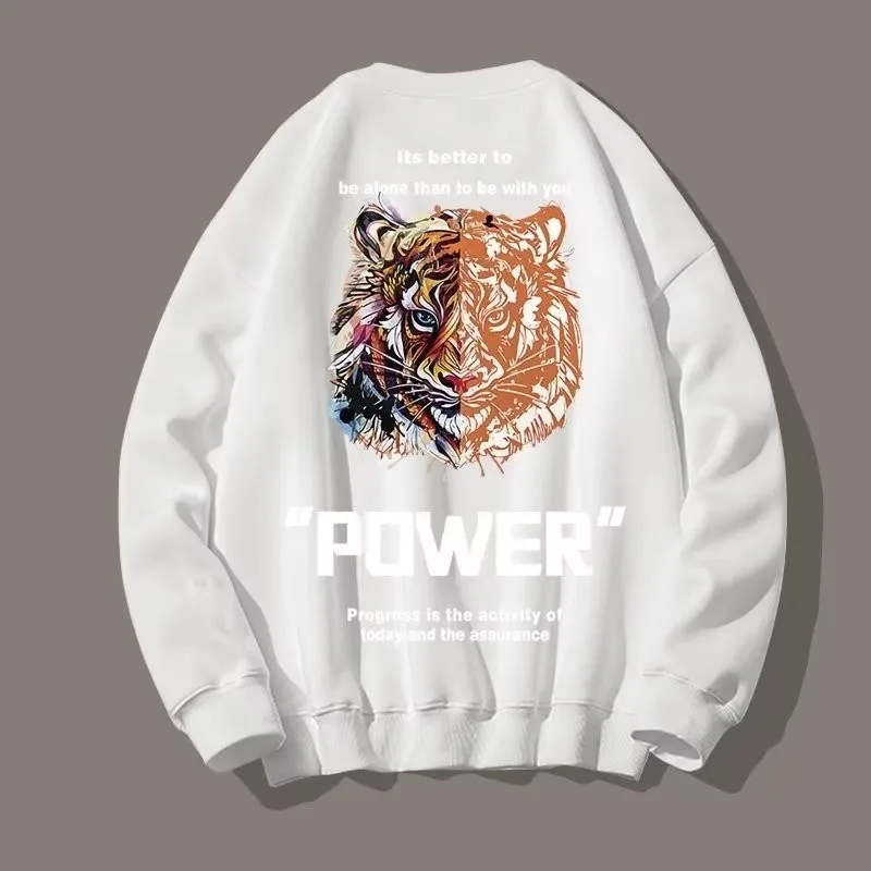 M-8XL Men Oversized Sweatshirts Fashion Loose American Retro Tiger Print Sweatshirts Long Sleeve Plus Velvet Couple Clothes
