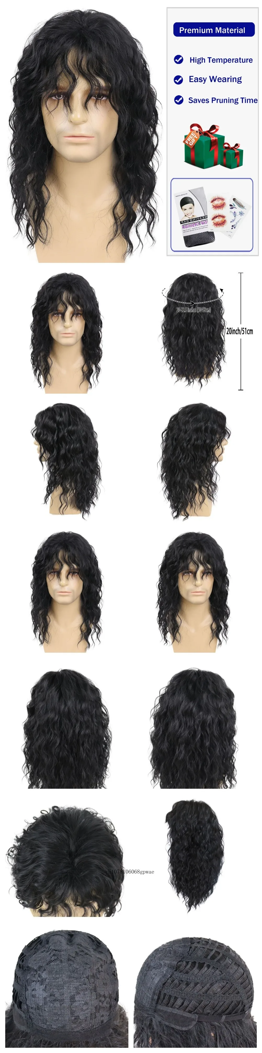 thumbnail image 2 of Simplicity Mens 80S Rocker Long Curly Wig Full Hair Black Wigs 2 of 14