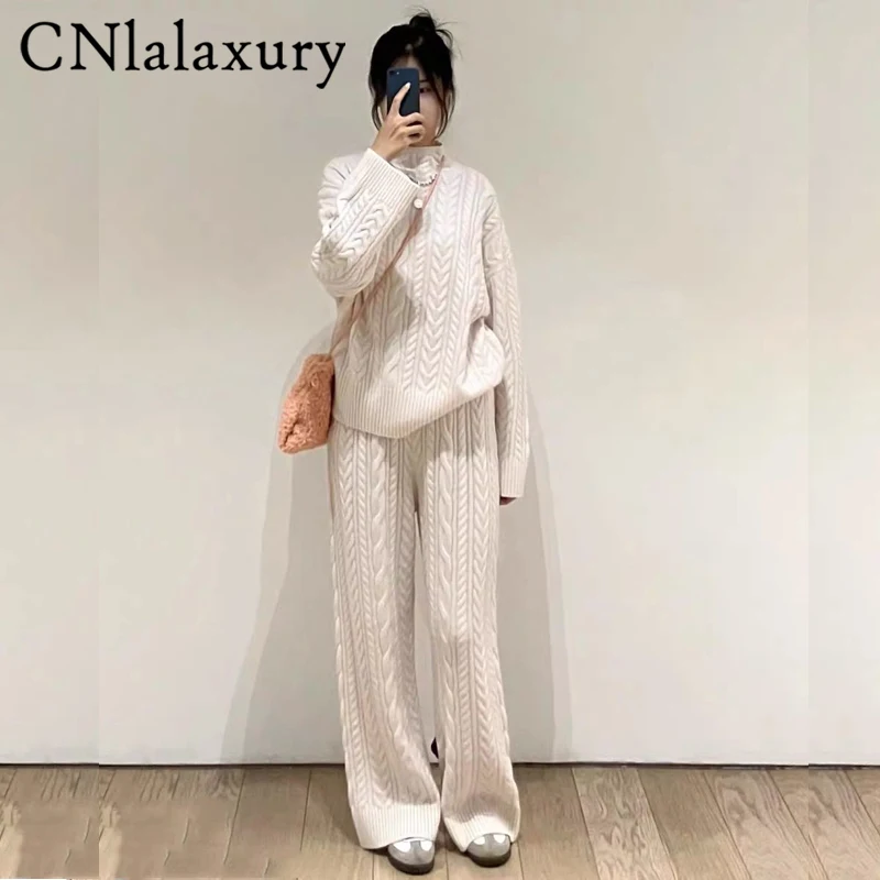 CNlalaxury Casual Solid Color Sweater Set Women Knitted Long Sleeve Pullover Or Trousers Thickened Pants Suit