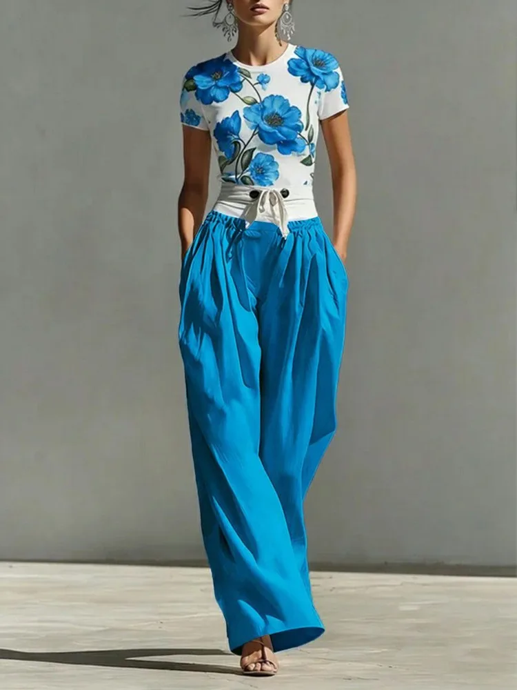 Yeezzi Women's Fashion Patchwork Tied Waist High Waisted Wide Leg Matching Pants Loose Pockets Casual Palazzo Trousers Bottoms view 2