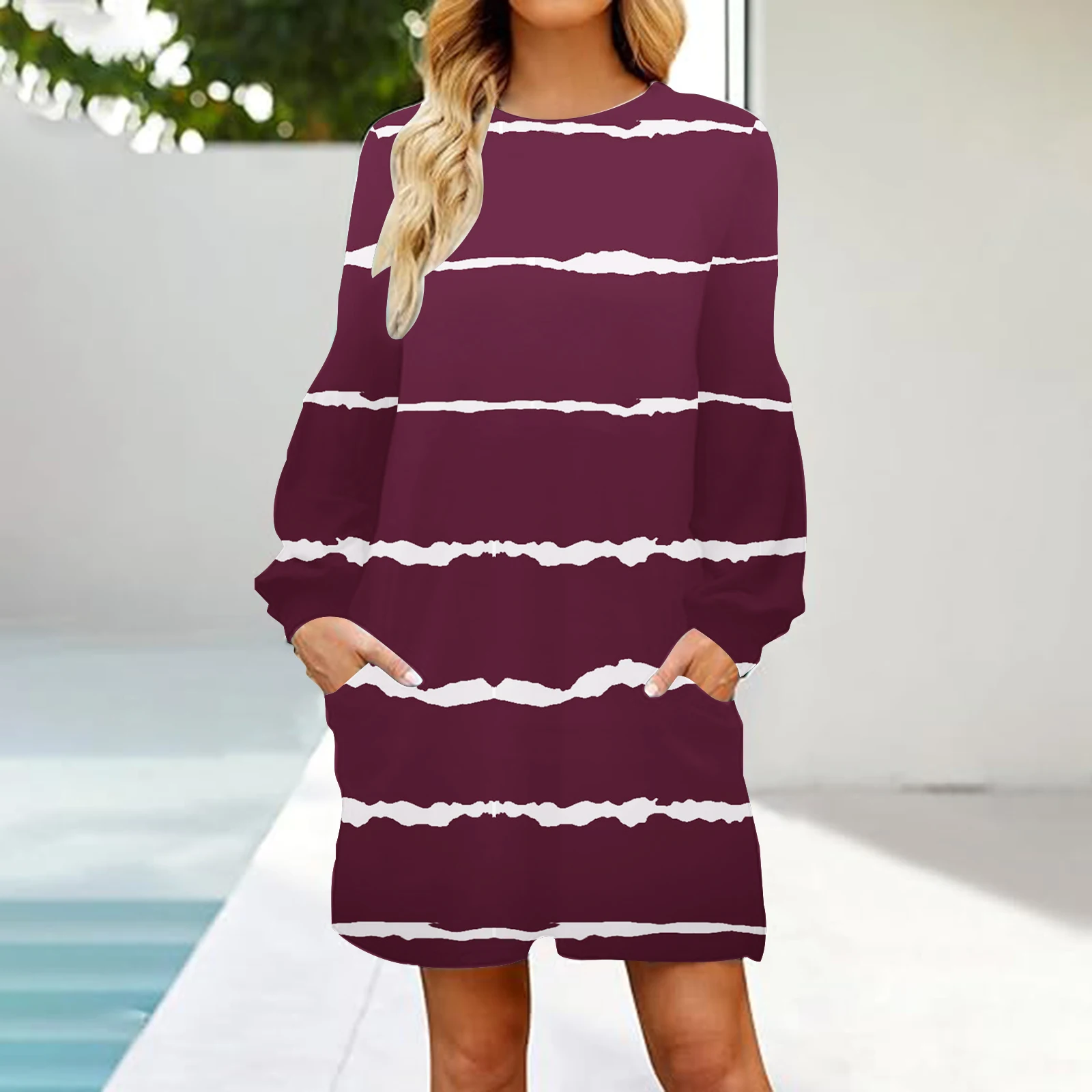 Fashion Leisure Straight Wave Stripe Print Dresses Woman's Autumn O-neck Long Sleeves Pockets Medium Length Dress Female 2024