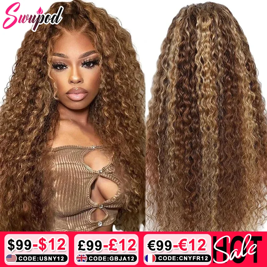 Peruca loura de cabelo humano onda profunda para mulheres, perucas de renda com destaques, loira e ombre, HD Lace Front, 220 Densidade, P4 e 27, 13x6 e 13x4