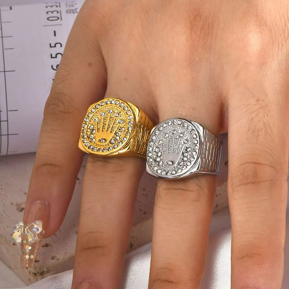 Punk 316L Stainless Steel Crown Ring For Man Women Hip Hop Gold Color Fashion Stone Rings Party Jewelry Creative Gift Wholesale