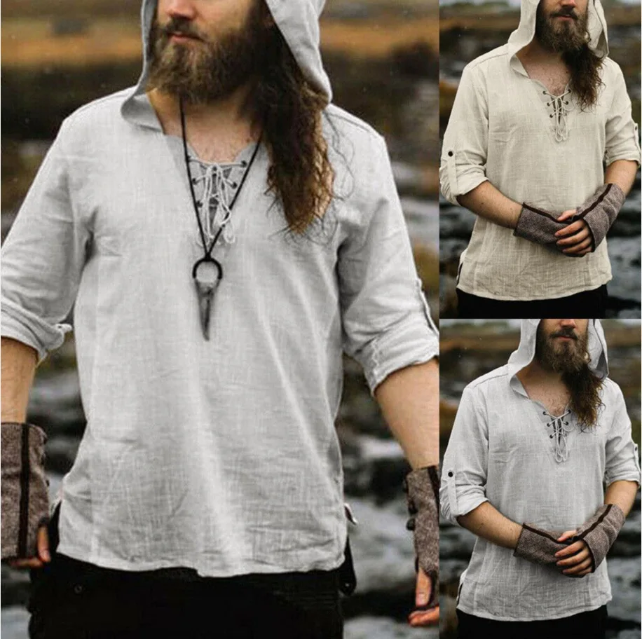 Man Retro Medieval Pirate  Cosplay Shirt Vintage Casual Male Hooded Knight Linen Renaissance Nordic Tunic Bandage T-shirt