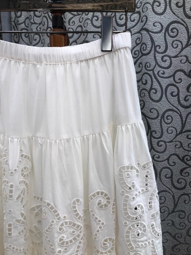 New 2025 Spring Long Skirt High Quality Women Elastic Waist Hollow Out Embroidery Luxury Cotton Linen Long Maxi White Skirts