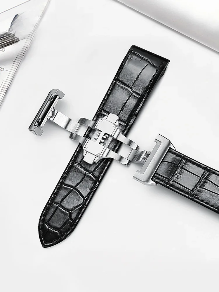 Stainless Steel Butterfly Buckle Watchbands for Cartier Santos 20mm 23mm Genuine Leather Waterproof Sweatproof Watch Strap