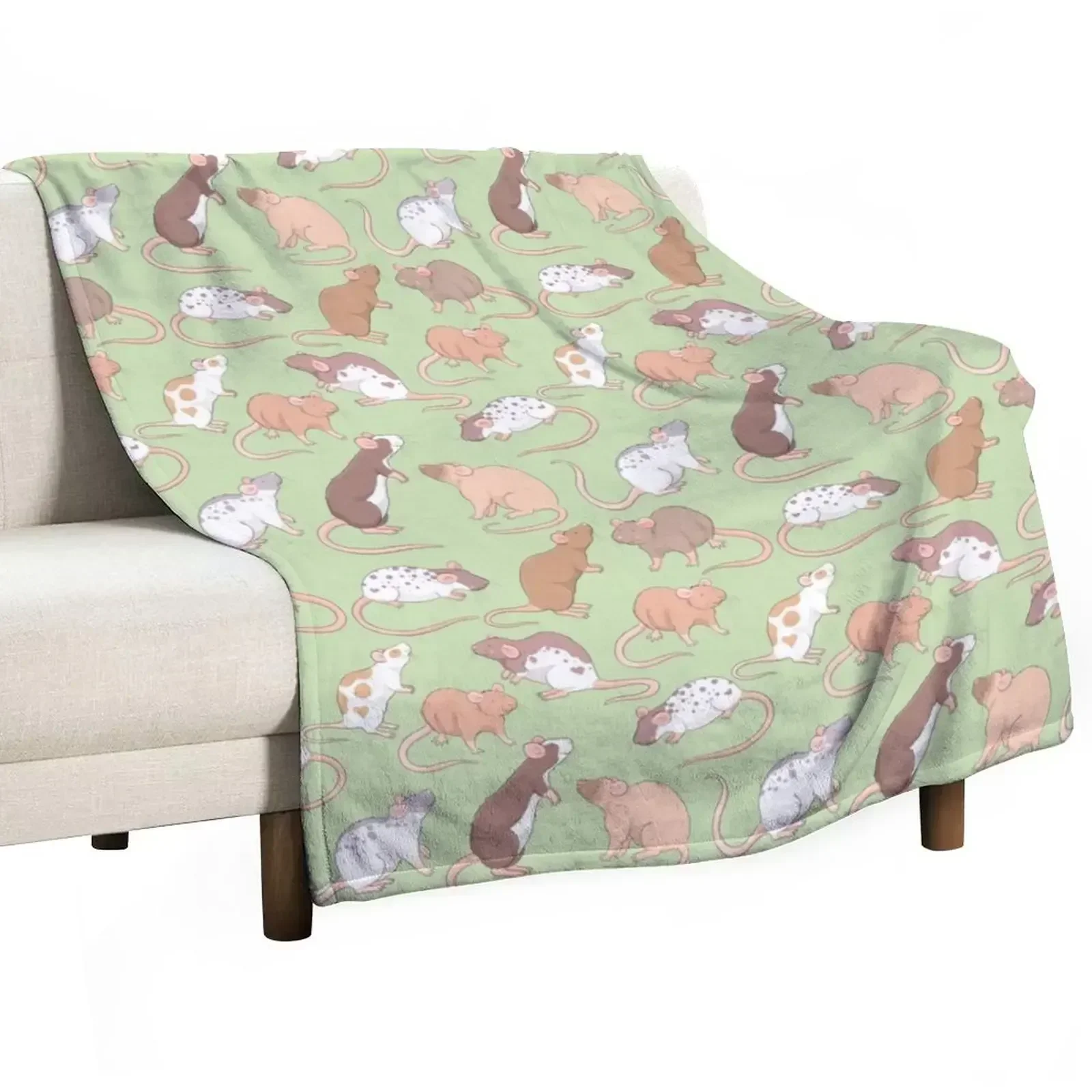 

Cute Rattie rats illustration patter against green background Whimsicolour art Throw Blanket Baby Plush Blankets