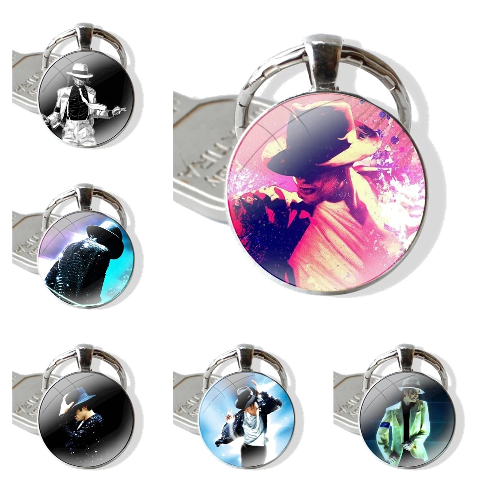 25mm Glass Cabohcon Keychain Key Rings for Women Men Jewelry Gift Michael Jackson Dancing King