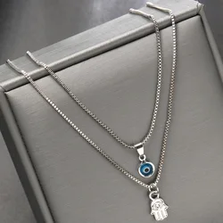 2 Pcs Double Layer Palm Evil Eye Clavicle Chains Necklace for Women Classic Fashion Turkish Lucky Blue Eye Choker Jewelry Gifts