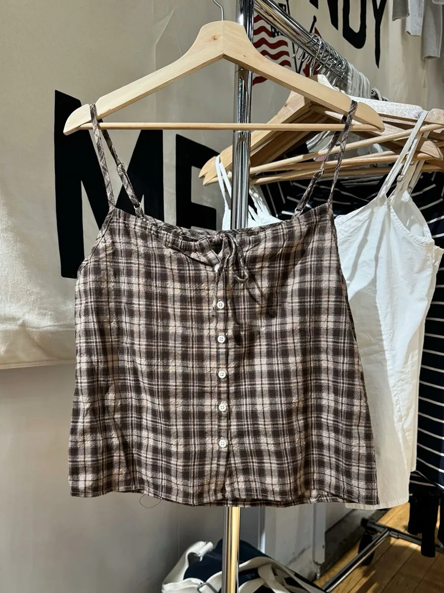 

Brown Plaid Lace-up Tank Top Women Summer Drawstring Single Breasted Camis Preppy Style Vintage Sweet Sleeveless Crop Tops New