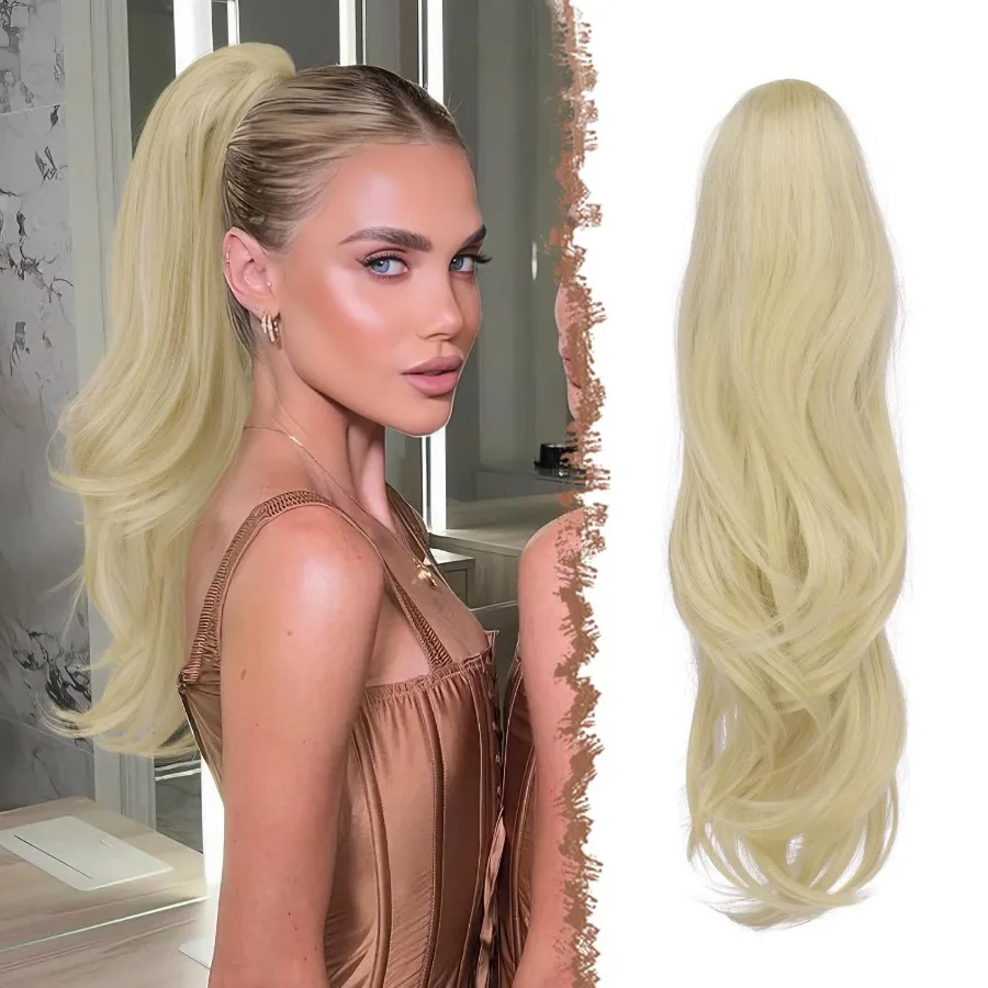 وصلة ذيل حصان برباط من FESHFEN للنساء مع شعر صناعي طبيعي طويل مموج ذو طبقات بلون أشقر رمادي 20 بوصة مثالي