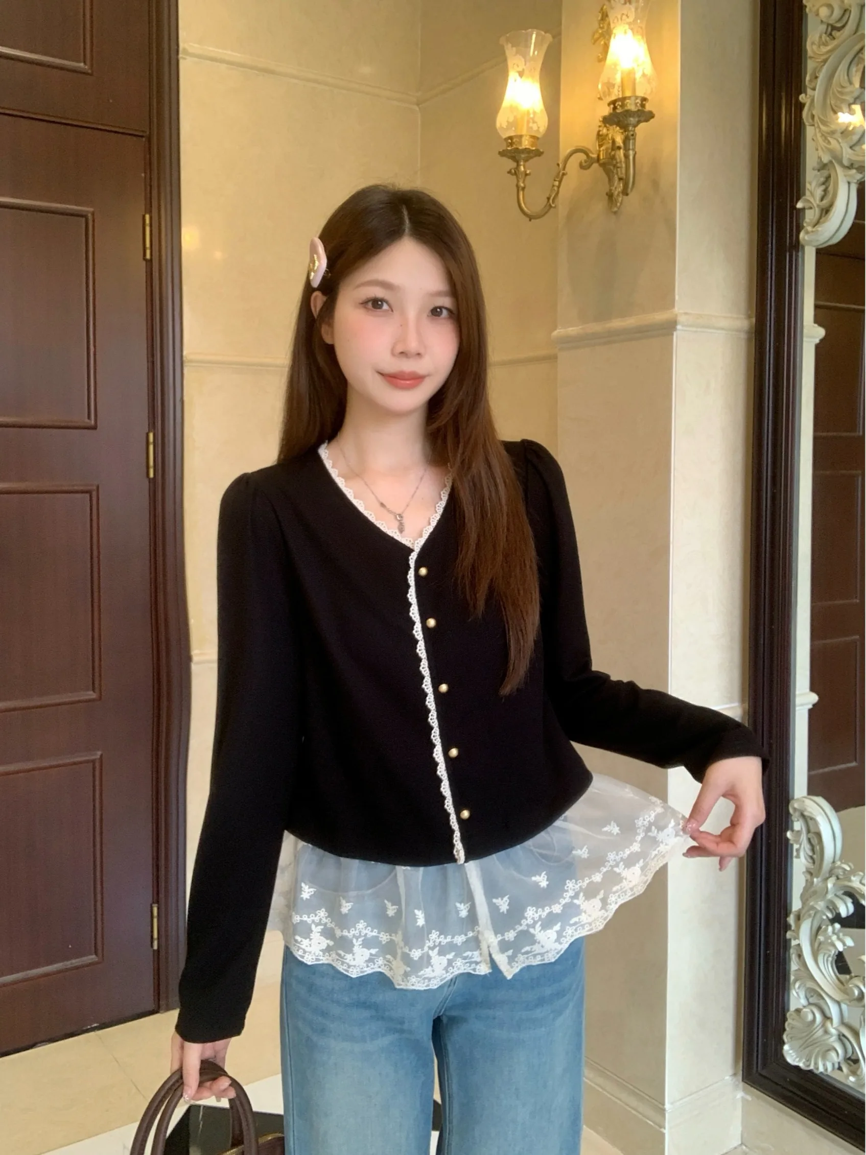 

plus Size Women's Lace Splice V-Neck Long Sleeve Shirt Spring New Design Slimming Color Block Top Korean Style Commute Fashion