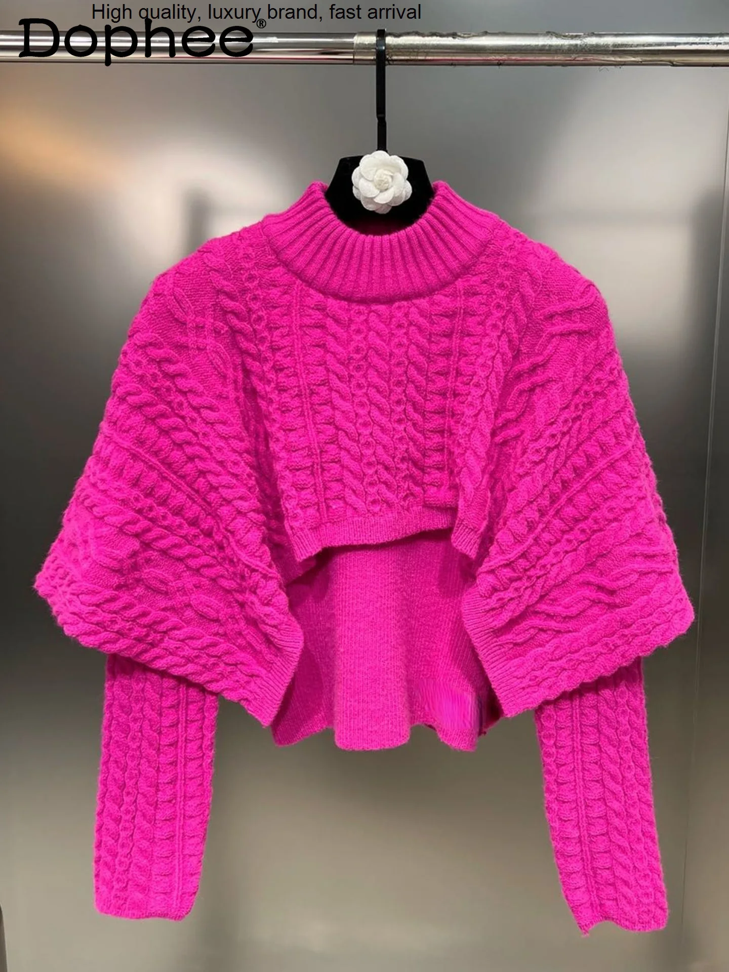 Collar Fashion Stand Long Sleeve Hemp Pattern Cape Women 2023 Autumn Winter Rose Red Irregular Knitted Sweater Top Tide