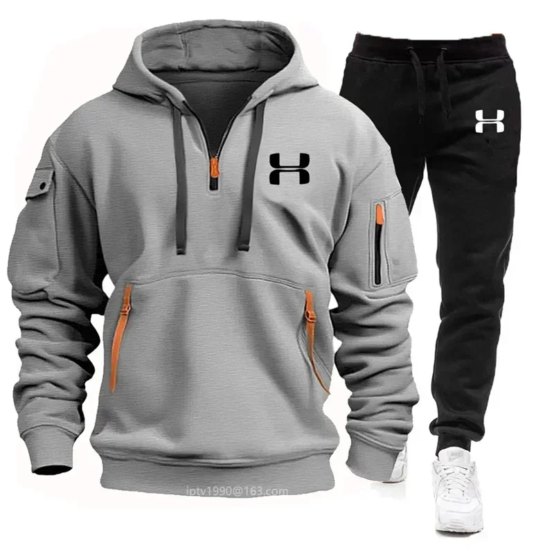 2025 Men's New Autumn Winter Multi-pocket Zipper Long Sleeve Hoodie; Two-layer Sports Casual Pants Fitnessie Suit