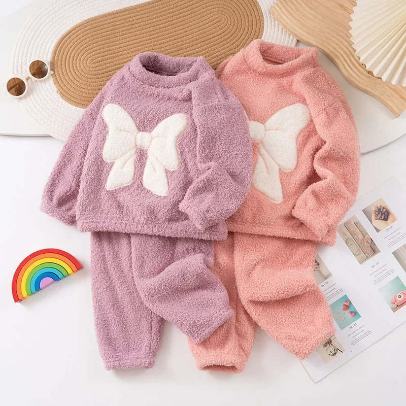 Casual Winter Baby Girls Loungewears Two Pieces Purple Pink Bowknot Print Pullover Sweaters Loose Wide Leg Pants