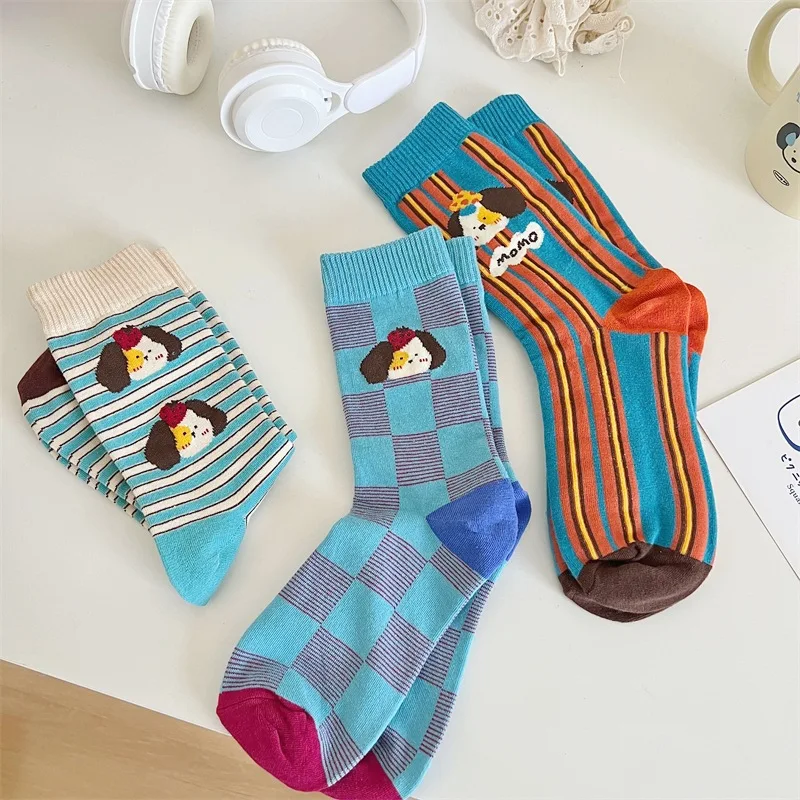 Female Cute Cartoon Striped Mid-tube Socks Instagram Trend Network Celebrity Personality Funny Ugly Illustration Cotton Socks