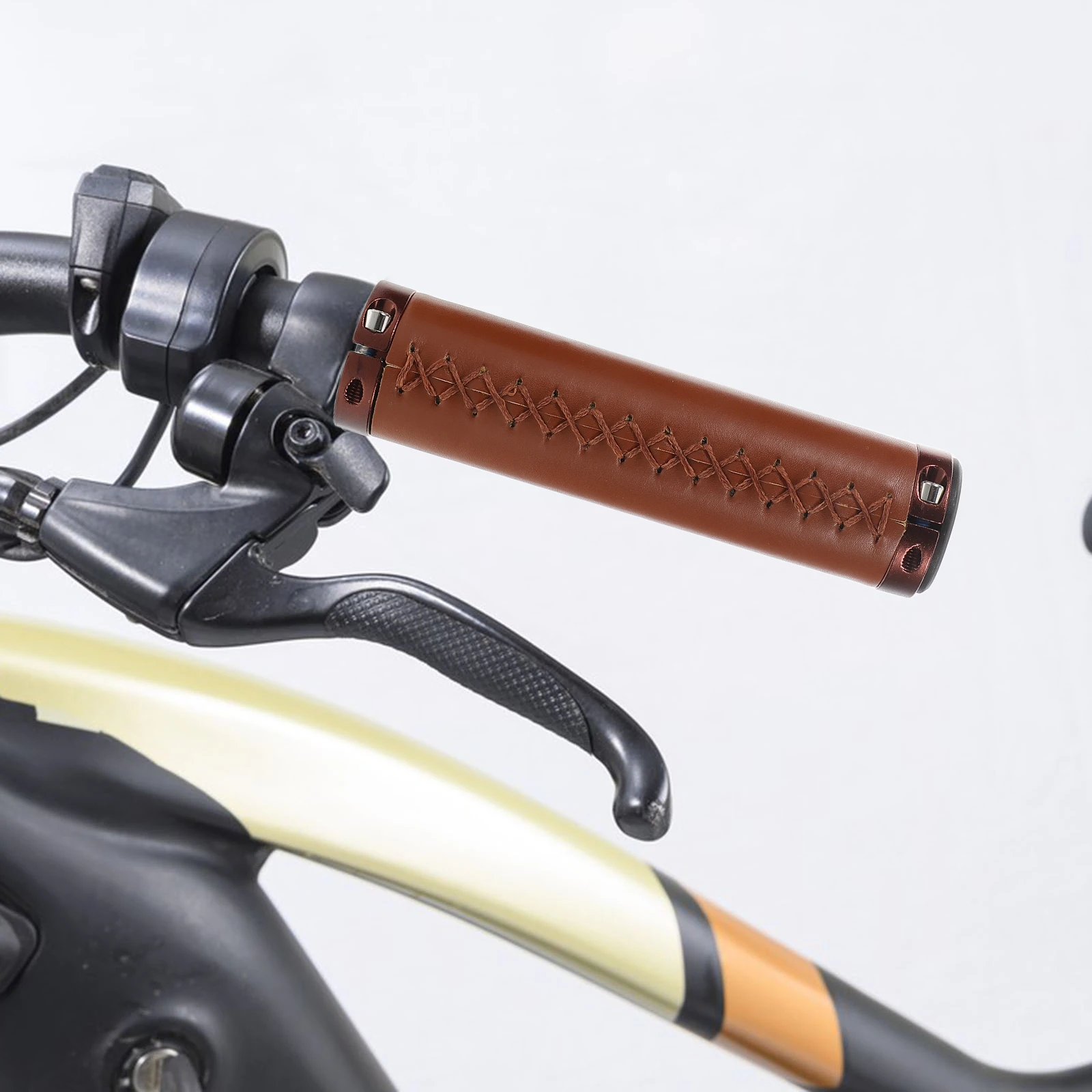 

2pcs Bicycle Handlebar Grips Ergonomic Shockproof Vintage Style Brown Pu Soft Durable Waterproof Universal Fit For Scooter