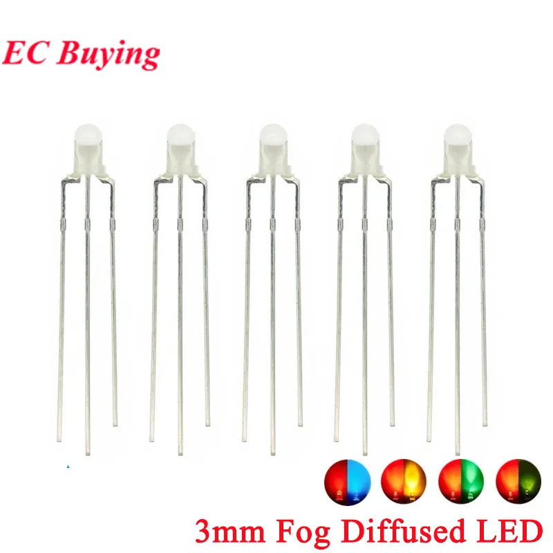 50pcs F3 3mm Fog Diffused Diode Two Color Common Anode/Cathode Round LED Warm White Blue Yellow Green Bi-Color Light Emitting